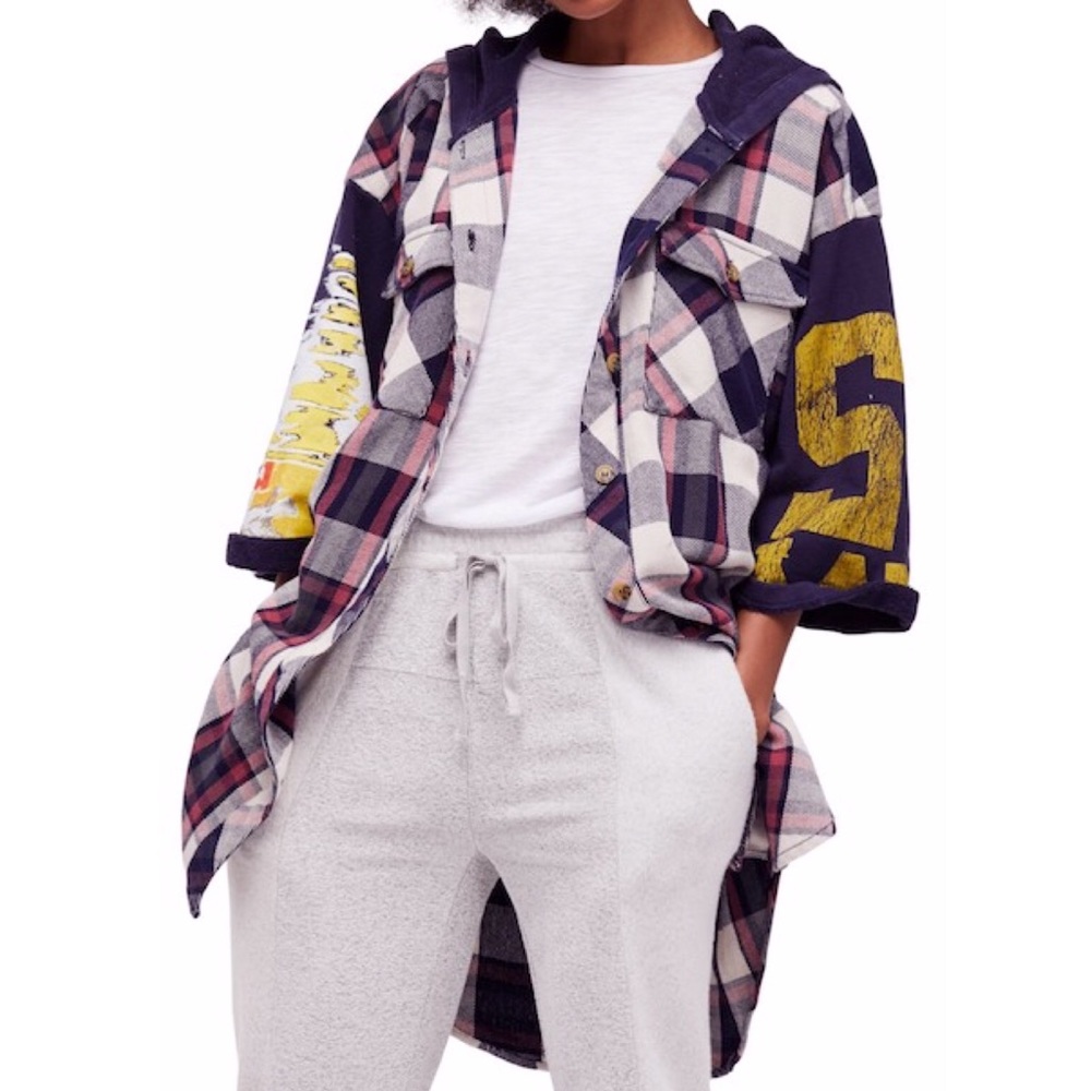 FREE PEOPLE // Oversized Plaid Hooded Shirt